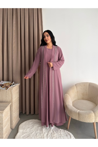 Missrosemoon Yeni Sezon Büyük Beden Tesettür 2’li Elbise Takım –Taş Detaylı U...