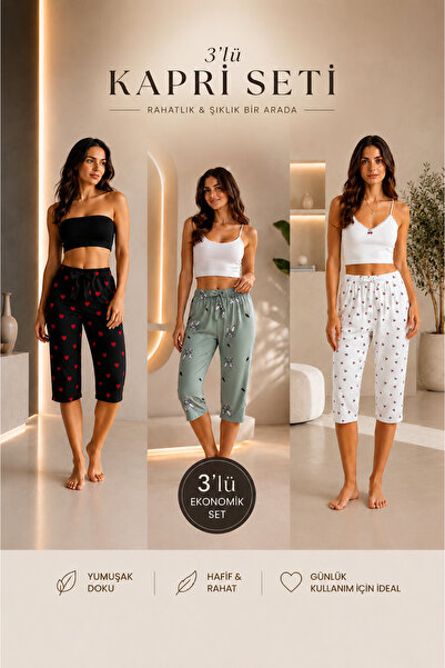 FISILTI COLLECTİON Kadın 3’lü Kapri Pijama Altı Seti Viskon Yumuşak Kumaş Rah...