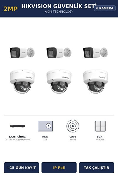 Hikvision 6 Kameralı 2MP Güvenlik Kamera Seti IP PoE AcuSense 1TB ~15 Gün Kay...