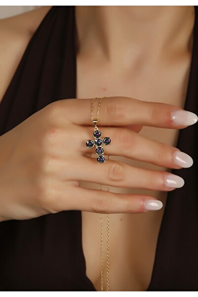 LİNOVE JEWELLERY Gümüş Mistik Haç Kolye, 925 Gümüş Haç Kolye, Mistik topaz Ha...