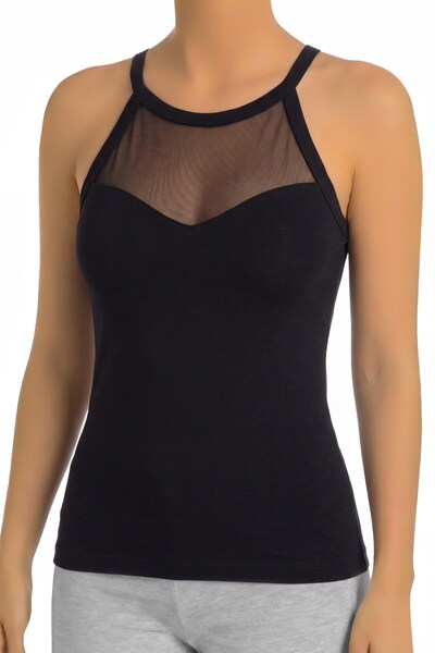 Öts Tricou de damă din viscoză transparentă, cu guler halter, elastic și eleg...