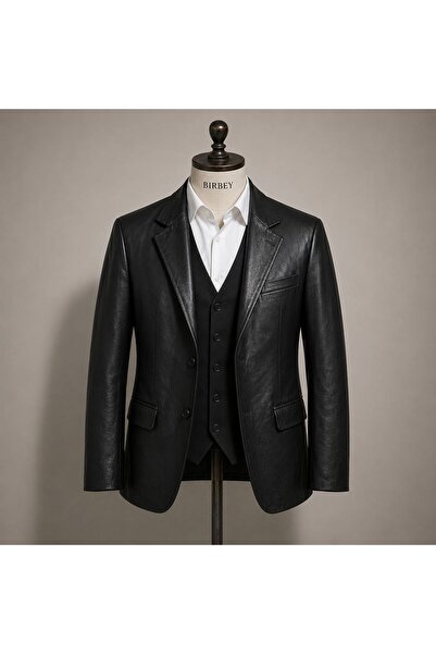 MODA Erkek Siyah Hakiki Kuzu Derisinden Düğmeli Cepli Düz Hakiki Deri Blazer ...