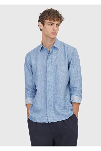 Ramsey Indigo Printed Casual Fit Long Woven Casual 100% Linen Shirt