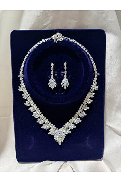 B & S Kristal Taşlı Kolye Küpe Seti-Düğün Nişan Özel Gün Seti