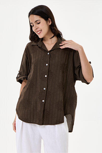della moor Women's Brown Italian Floral Embroidered Scalloped Oversize Poplin...