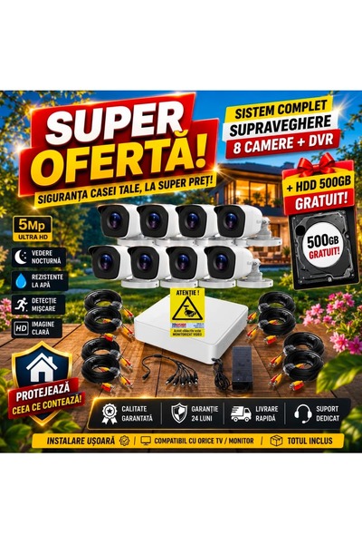 Hikvision Kit / Sistem Supraveghere Profesional 8 Camere Video 5MP Complet (C...