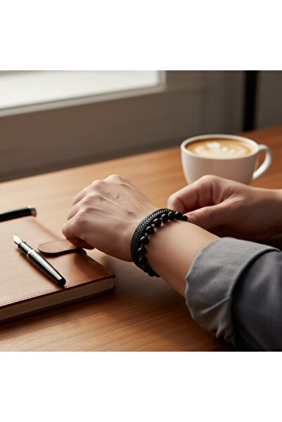 Hedea Black Braided Leather and Matte Onyx Natural Stone Combination Double M...