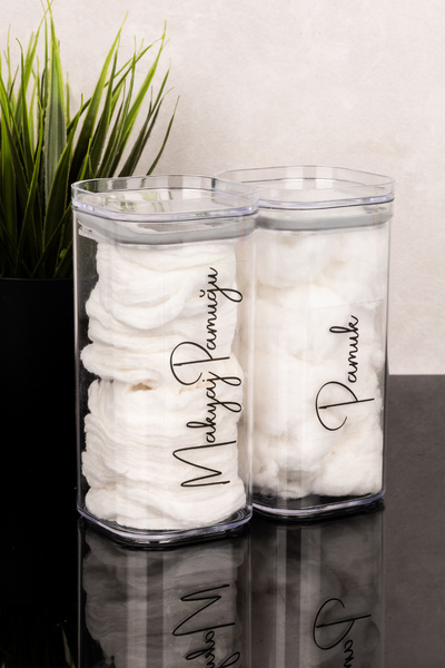 Dolkin Home 2-Piece Cotton - Makeup Cotton Labeled Transparent Mica Jar Cotton Box Set Acrylic Bathroom Organizer 300 ml