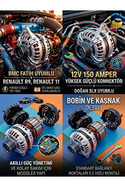 EL-İS OTOMOTİV 12V 150A Yüksek Güçlü Şarj Dinamosu - Doğan Slx, Şahin, R9/R11...