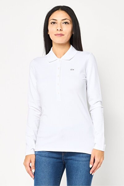 Lacoste Women Spread Collar Long Sleeve Brand Logo Polo Shirt, White