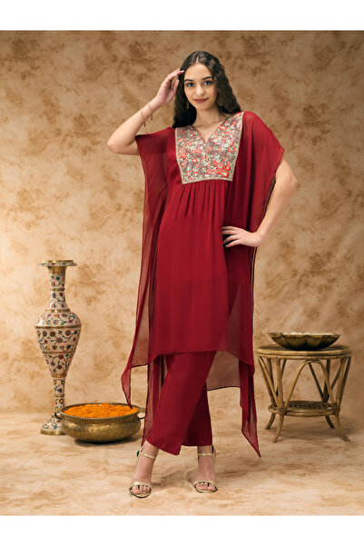 Silver Lime By Styli Red Embroidered Yoke Asymmetric Hem Kaftan Co-ord Set