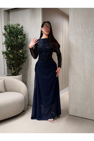 Jood Long Evening Dress with Sparkly Embroidery and Sheer Sleeves