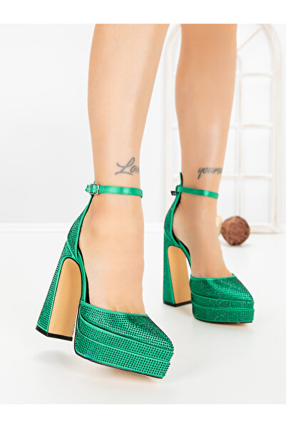 L.Day Pantofi cu toc gros si platforma verzi din material textil Porelia