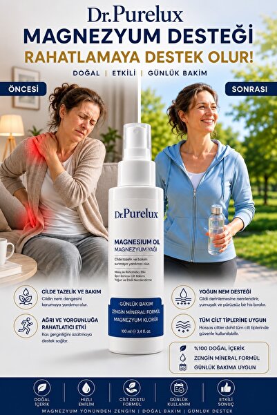 Dr.Purelux Magnezyum Yağı - Yorgunluğa Karşı Destekleyici, Kas, Eklem, Boyun ve Tüm Vücut Bölgesi İçin Rahatlatıcı Masaj Spreyi 100 ml