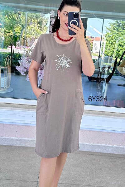 İnce Topuk Front Pocket Sequin Detail Washed Cotton Dress 6Y324
