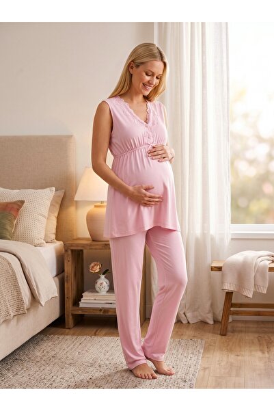 Lohusa Homewear New Season Pink Summer Pajama Set with Easy Breastfeeding Fea...