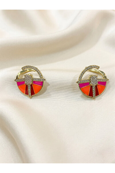 Pelin Aksesuar Geometric Earrings with Enameled Zircon Stones in Red, Orange,...