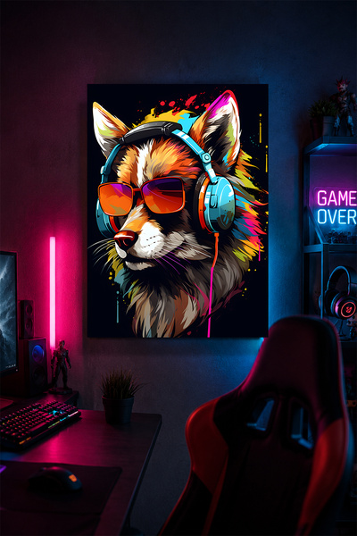 Lucena Pictură metalică Fox cu căști, decor colorat pentru camera de jocuri p...