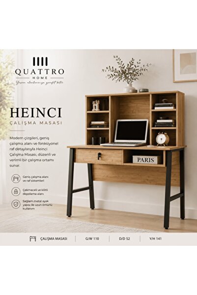 QUATTRO HOME Heinci Çalışma Masası Raflı Kilitli Çekmeceli Modern Masa