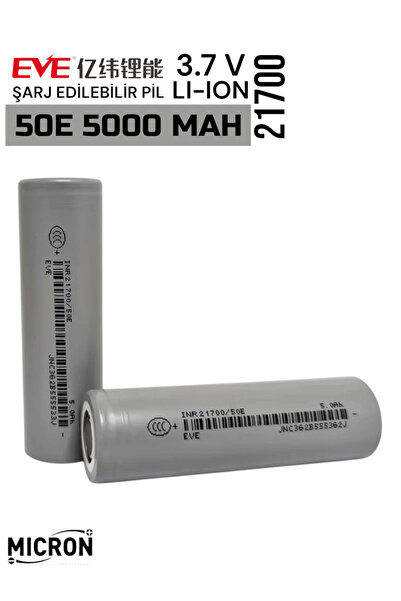 Micron Eve 21700 50E 3.7V 5000 mAh Li-ion Şarj Edilebilir Pil – Yüksek Kapasi...