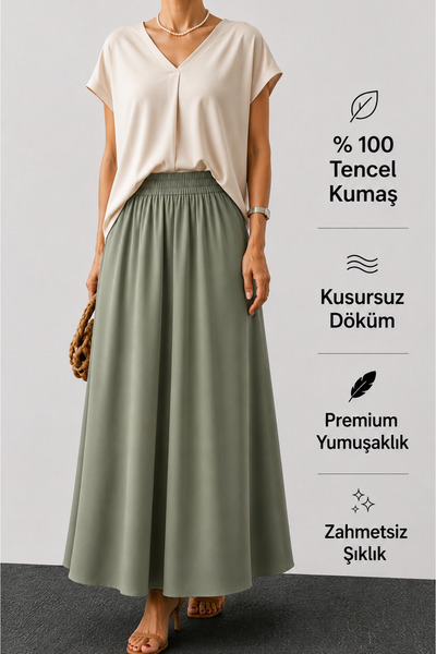 CNRCollection Kadın Haki Çağla Cepli Beli Lastikli Yumuşak Dokulu %100 Tensel...