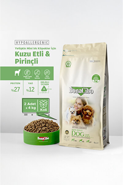 BonaCibo Küçük Irk Yetişkin Kuzu Etli ve Pirinçli Köpek Kuru Maması 4 Kg x 2