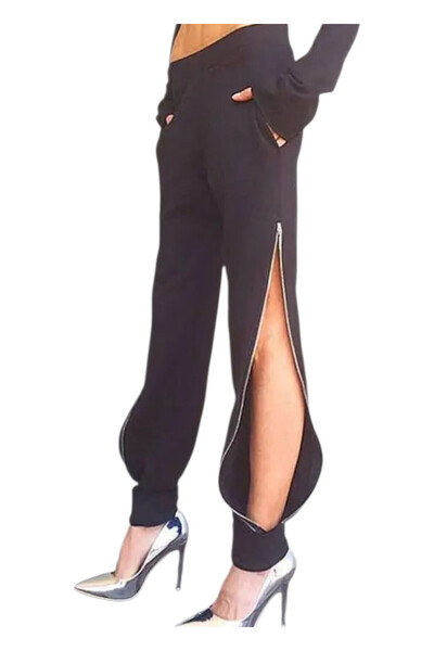 OEM Women's casual pants, slit and zipper design, black, XS