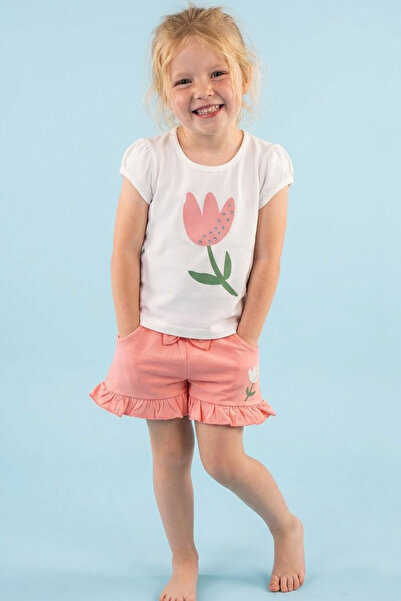 Breeze Girl's Shorts Set with Glitter Tulip Print and Bow Detail, Ages 2-6, Ecru