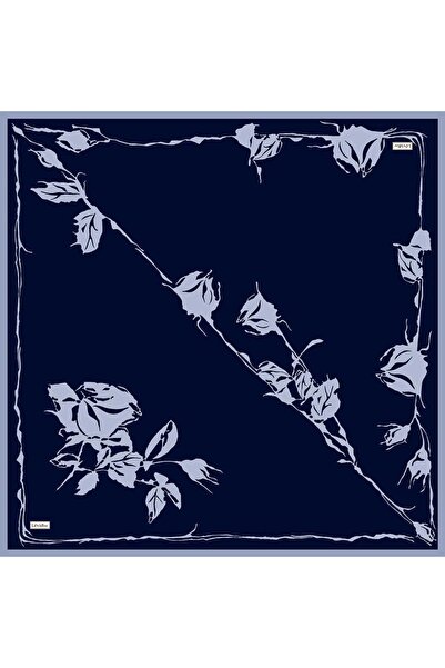 Levidor Navy Blue Twill Silk Scarf with Floral Pattern on the Edges