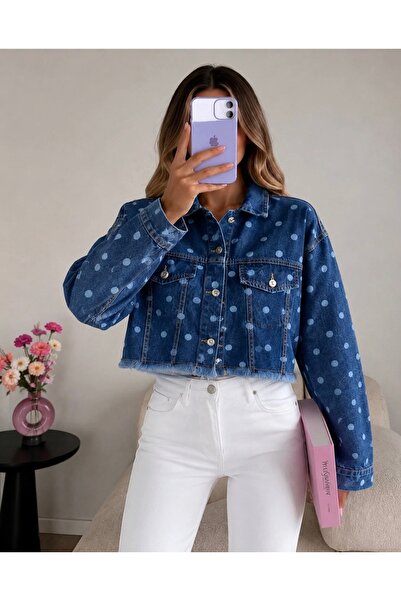 Ekim Store Polka Dot Navy Blue Crop Denim Jacket