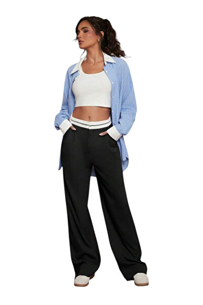 OEM Pantaloni dama, negri, banda alba, lejeri, M