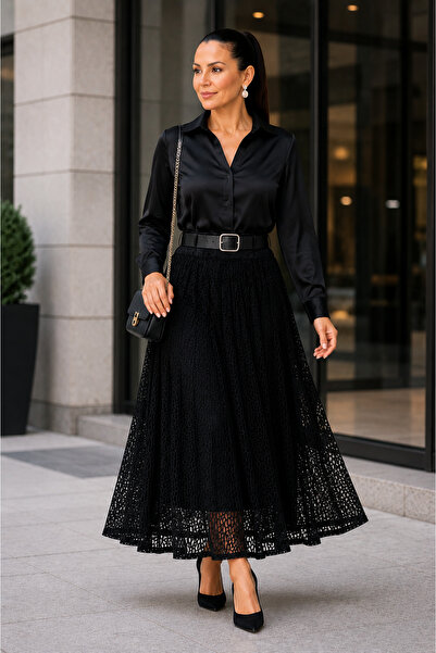 CANPOLATLAR TEKSTİL Canpolat 33007-26 Women's Lace Long Pleated Skirt with Be...
