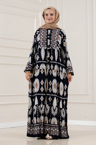 Sevitli Half Buttoned Robal Dress - Dark Blue