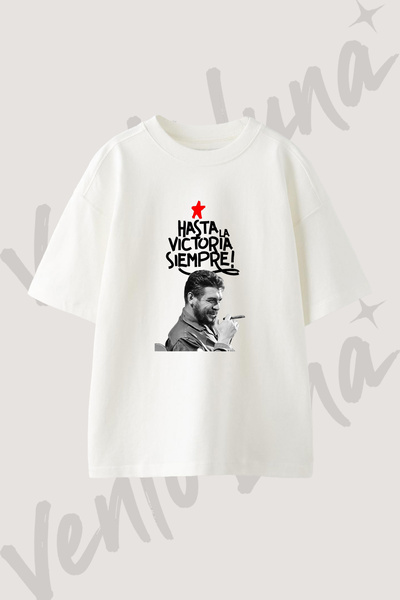 Vento Luna Che Guevara_1 Tasarım Baskılı Unisex Oversize Kalıp Beyaz Tshirt