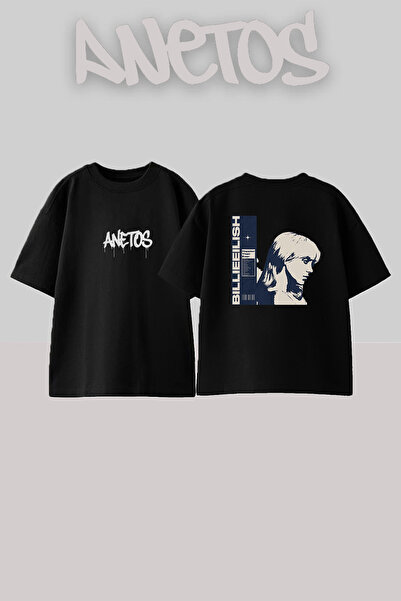 Anetos Μπλουζάκι Billie Eilish_42 με τυπωμένο σχέδιο, unisex, oversize, μαύρο