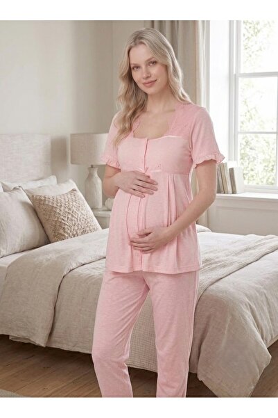 Pelin Women's Powder Linen Scallop Lace New Season 2-Piece Maternity Pajama Set