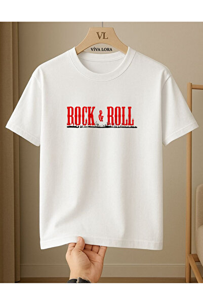 VİVA LORA Rock&Roll Printed 100% Cotton Crew Neck Unisex Regular T-Shirt