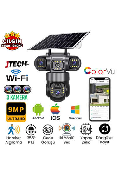 O-KAM 6040 (3mp+3mp+3mp) 9MP Wi-fi Destekli 1xSolar Panelli 3 Kameralı 1 PTZ Akıllı Kamera