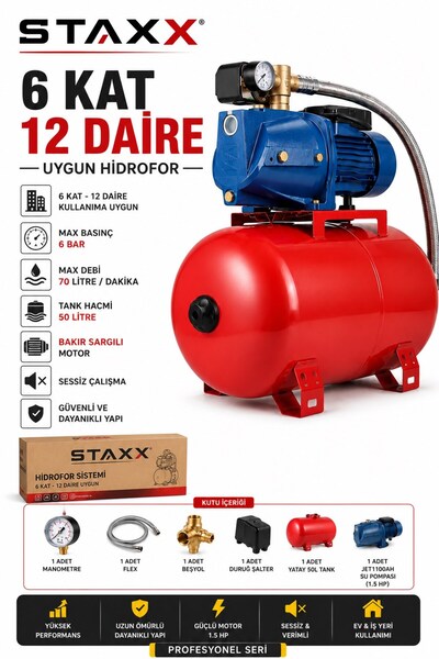 STAXX POWER 1.5 HP 50 LT Hidrofor Jet150 Otomatik Su Pompası Bakır Sargı 6 Ka...