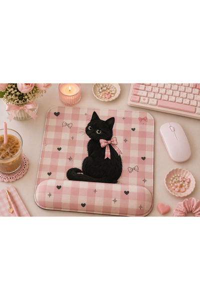 matizya Siyah Kedi Desenli Bilek Destekli Mousepad – Pembe Ekose Fiyonklu Erg...