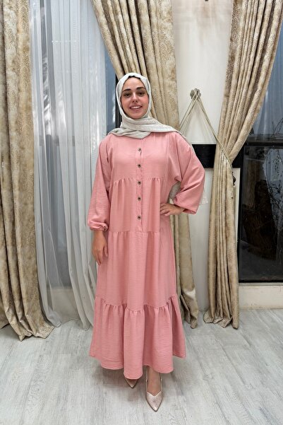 MODAASİ Yarım Düğmeli Kat Katlı Salaş Pamuklu Tesettür Elbise