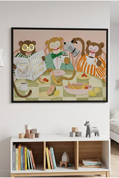 Jasmine Art Monkey Breakfast Kids Wall Art | Portrait Framed Canvas Print wit...