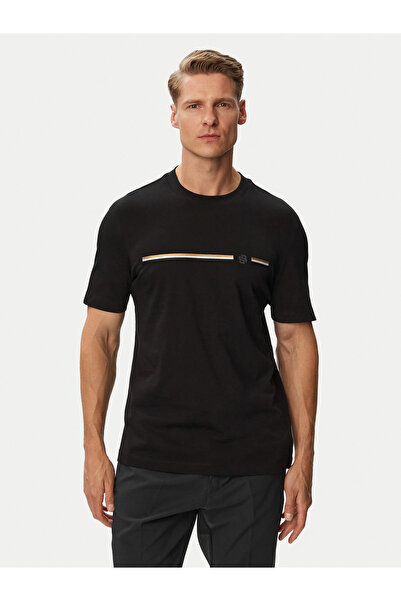 BOSS Men's Regular Fit Logo Striped Cotton Short Sleeve Black T-Shirt