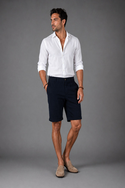Bisse Indigo Cotton Linen Elasticated Natural Bermuda Shorts