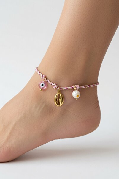 LYKOS Steel Anklet with Braided Cord, Sea Shell and Evil Eye Figure - Bohemia...