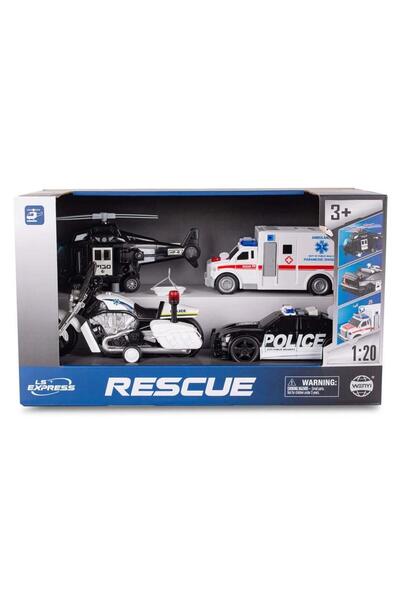 LENA Set vehicule politie si salvare 4 piese multicolor 1:20