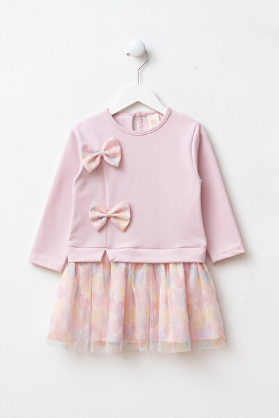 Minipodyum Girl's Dress with Tulle, Heart Pattern and Bow Detail