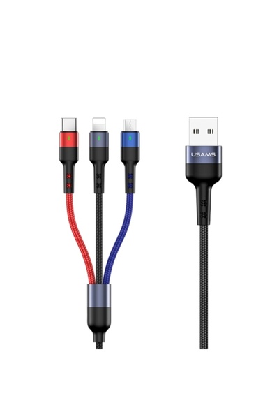 Usams Cablu 3-în-1 USB-A la Lightning/USB-C/MicroUSB 2A 0.35m Negru