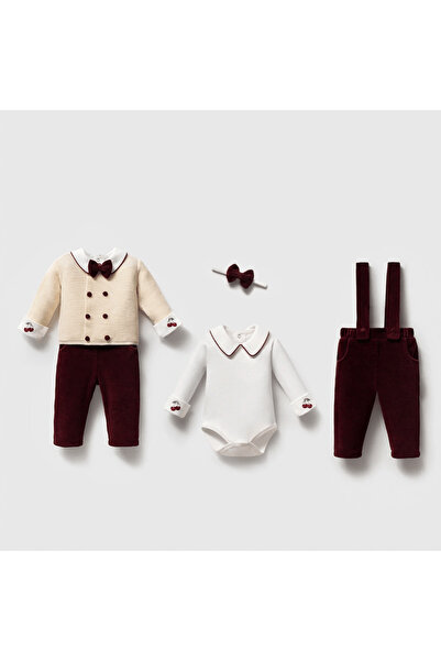 Momercy Baby Boy Velvet Salopet Body Cardigan Bow Tie Boxed Gift Set of 4