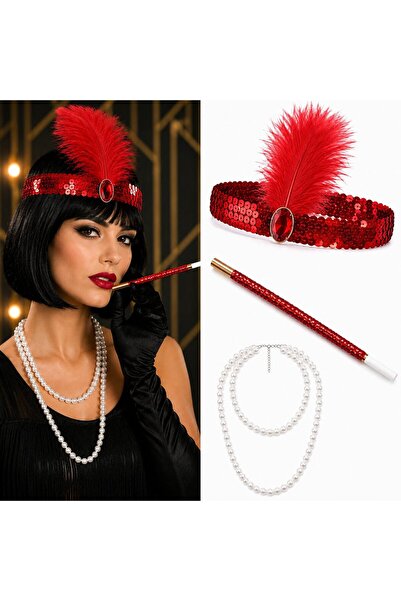 evimdeyokyok 1920S Gatsby Red Party Set - Charleston Headband, Pearl Necklace...